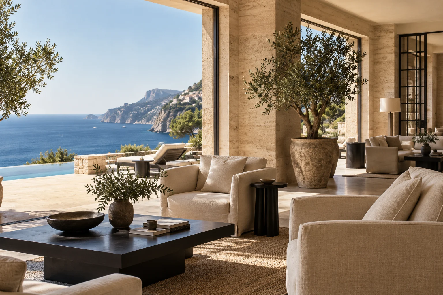 Illustrative serene boutique hotel lounge overlooking the sea