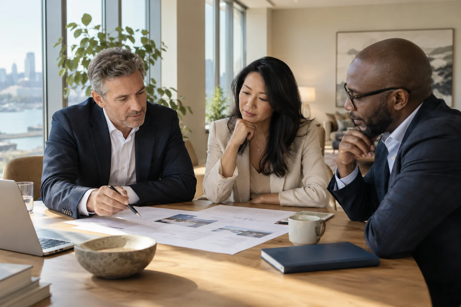 Illustrative consultants discussing a project in a bright office