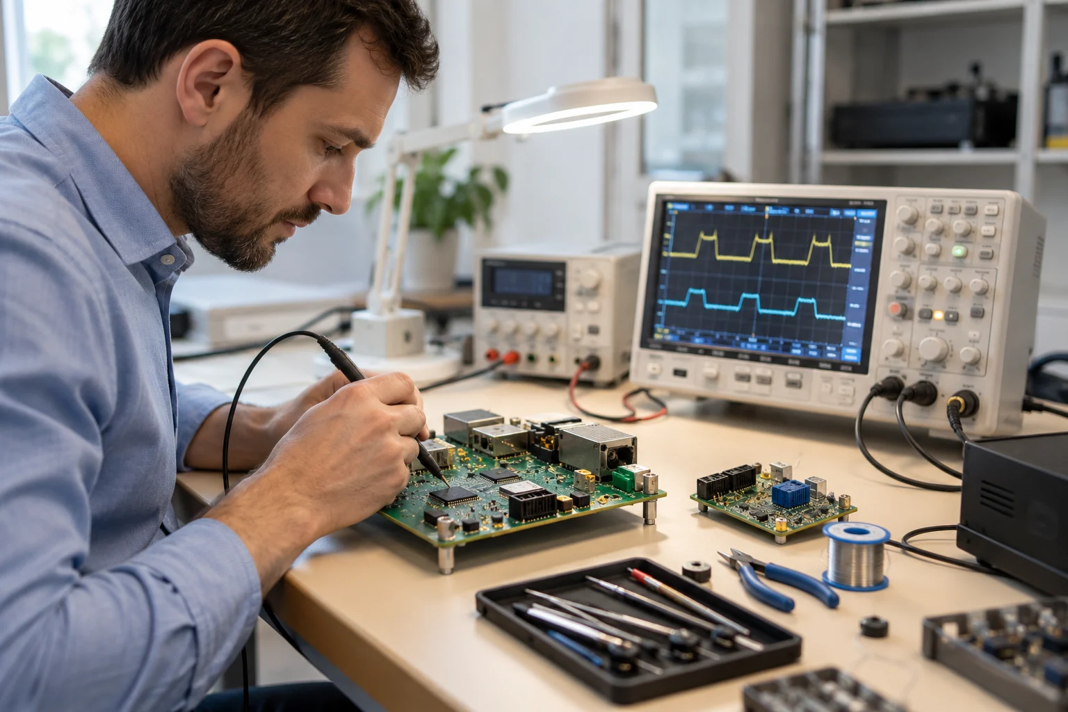Illustrative engineer testing an electronic prototype
